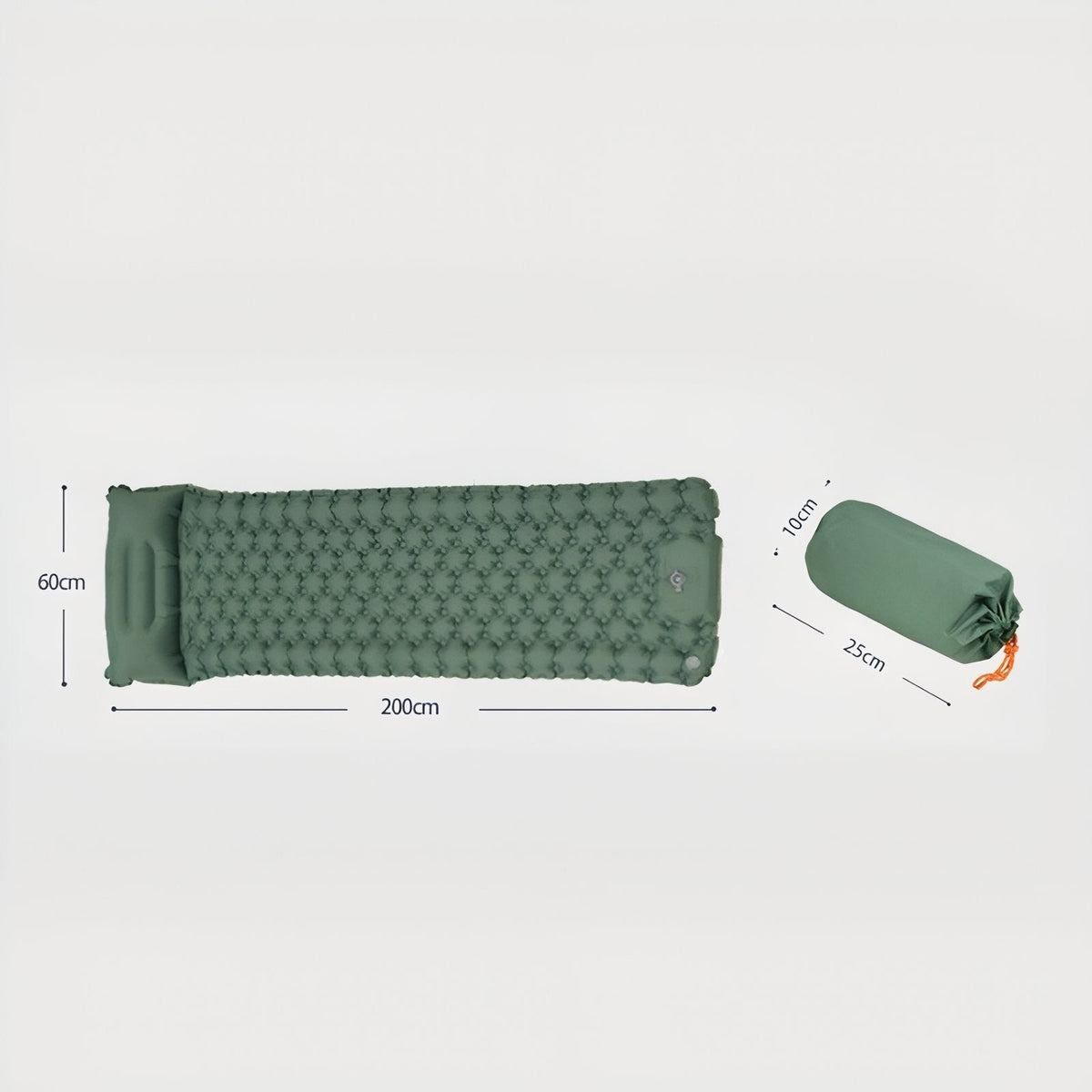 Sage green sleeping mat with its size marked, 200 x 60 cm, and the packed bag at 25 x 10 cm