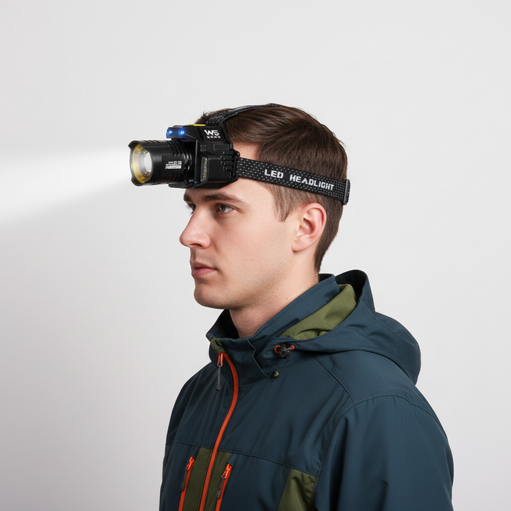 Side view of a man wearing the zoom headlamp on its black printed strap