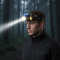 Man in a dark forest wearing the headlamp, its zoom beam lit ahead