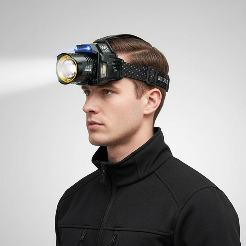 Man wearing the headlamp with the front beam switched on, three-quarter view
