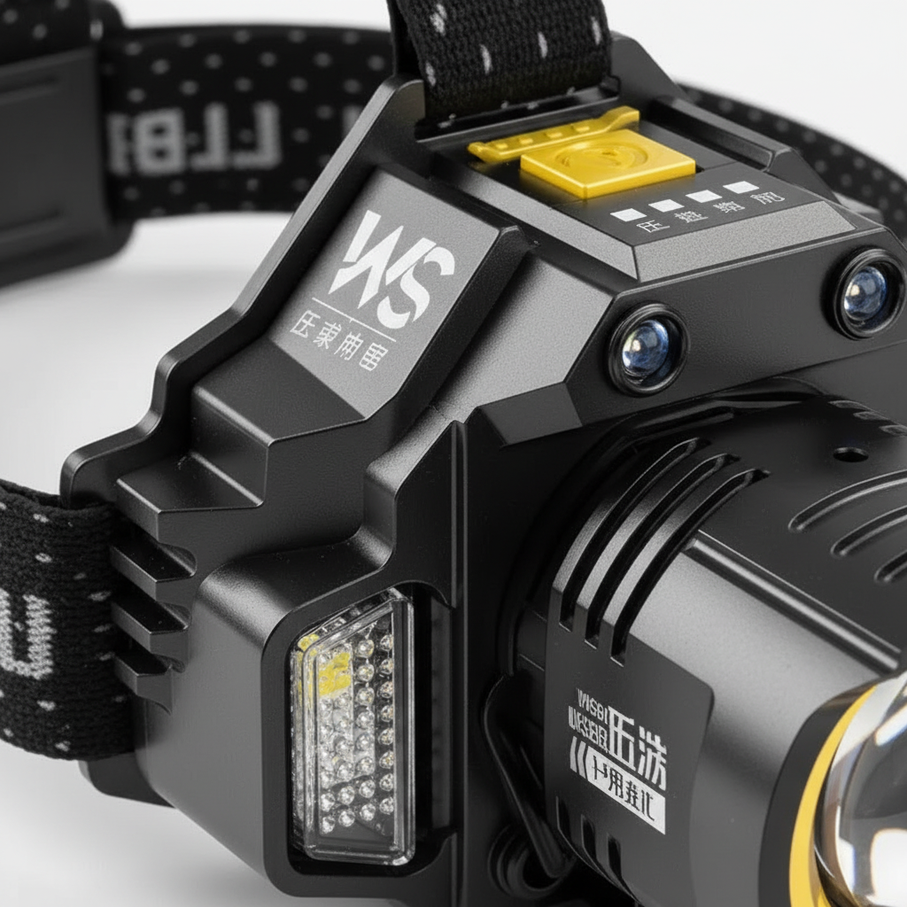 Close-up of the headlamp body showing the COB side panel, sensor eyes and the yellow top button
