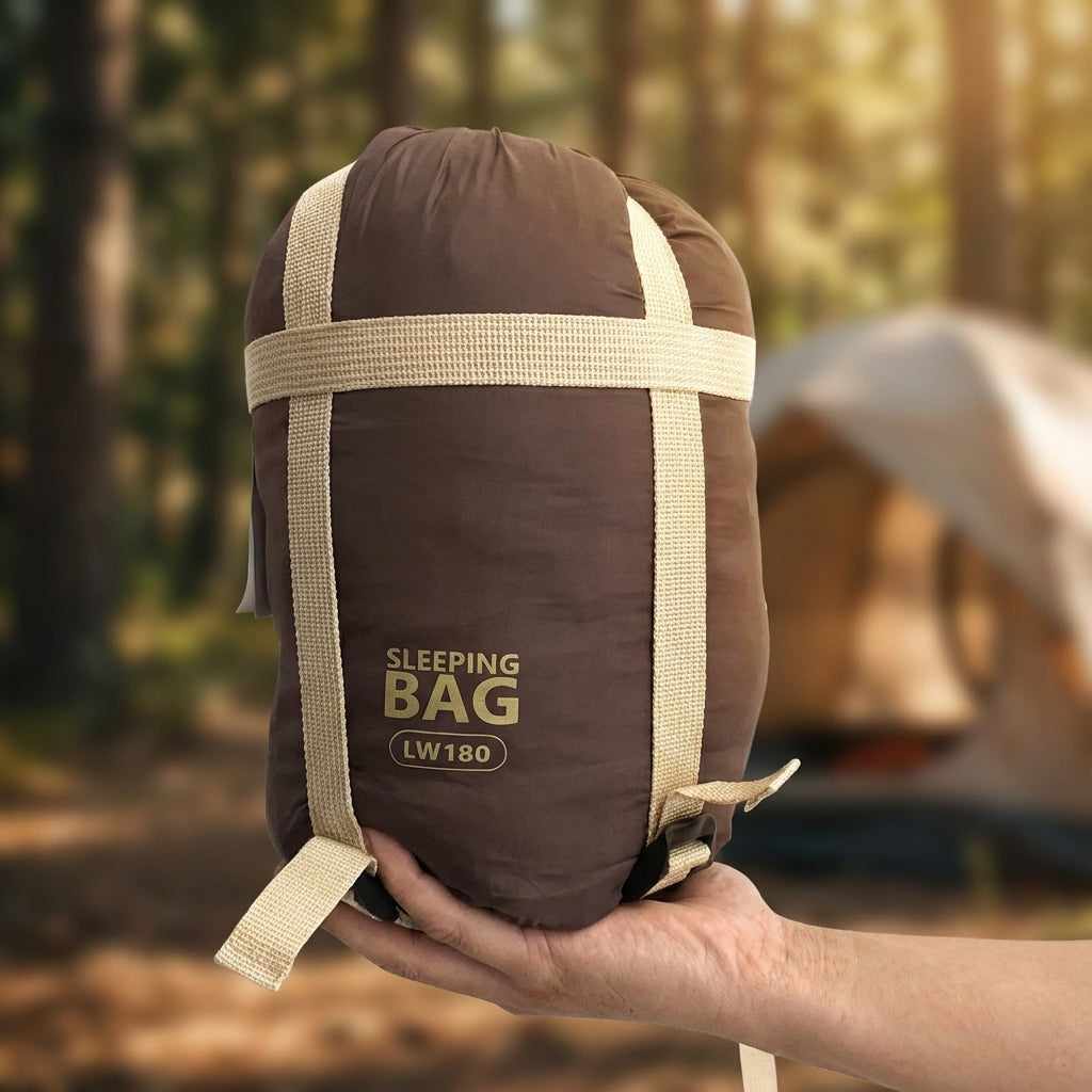 A brown sleeping bag packed into its carry sack with two cream compression straps, held on one hand in front of a tent in the woods