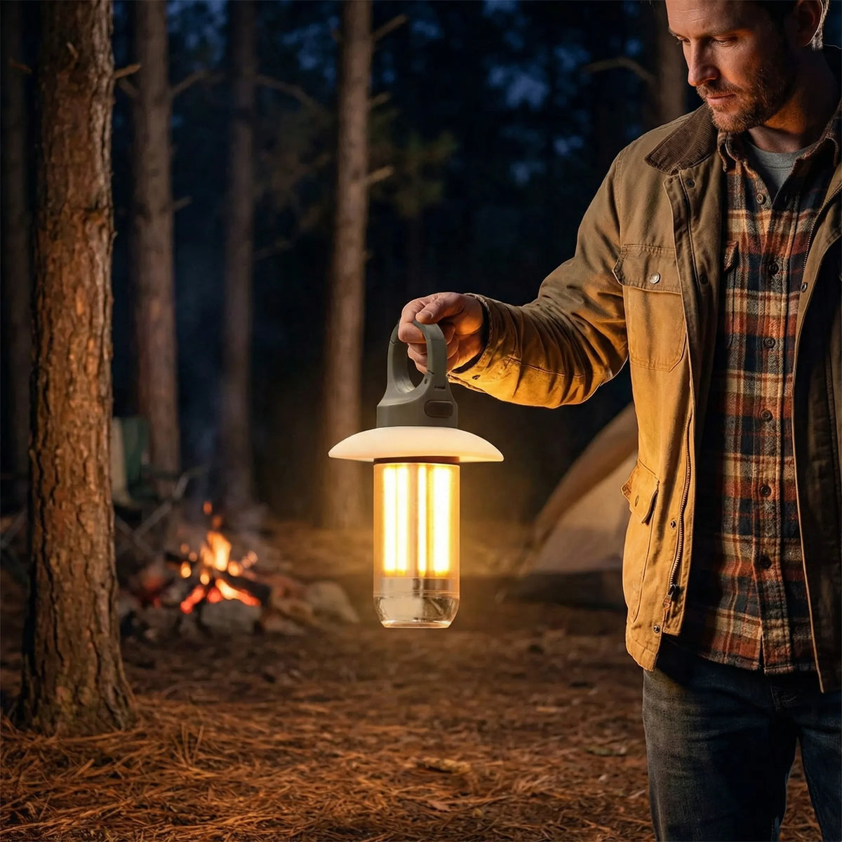 Man carrying the lit camping lantern by its hook at a forest camp with a fire behind
