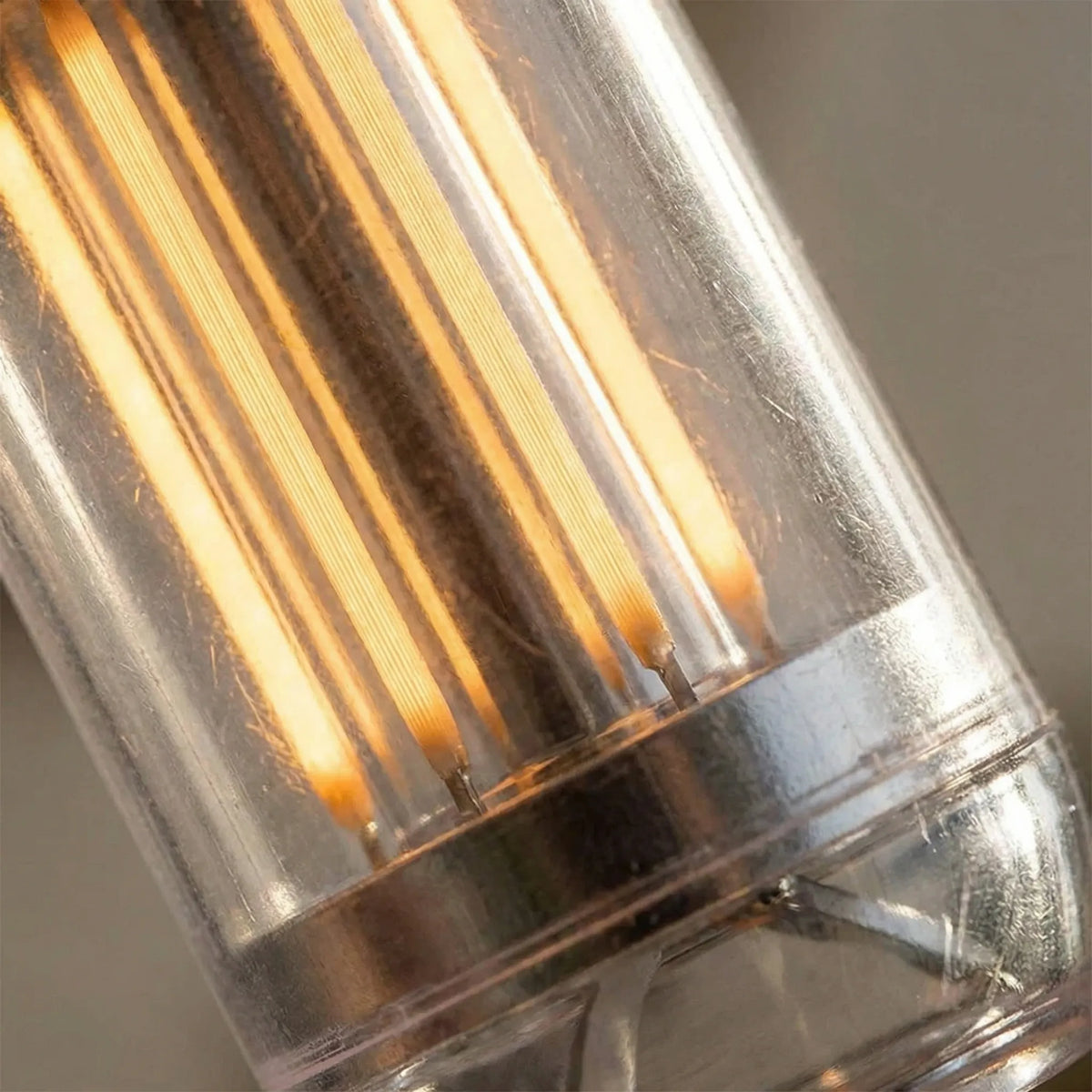 Close-up of the warm LED strips inside the lantern's clear tube