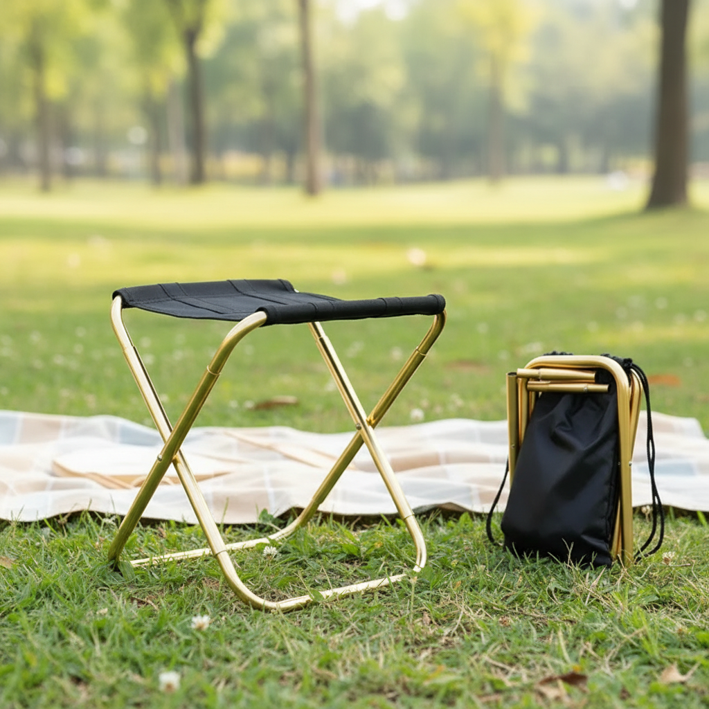 A gold-framed folding stool with a black seat standing on grass in a park, beside a folded second stool in a black drawstring bag.