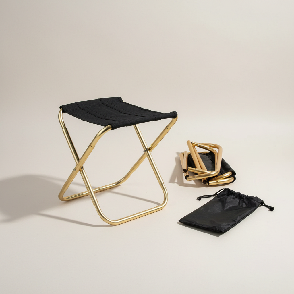 A gold folding stool set up beside a second one folded shut and a black drawstring pouch, on a pale studio backdrop.