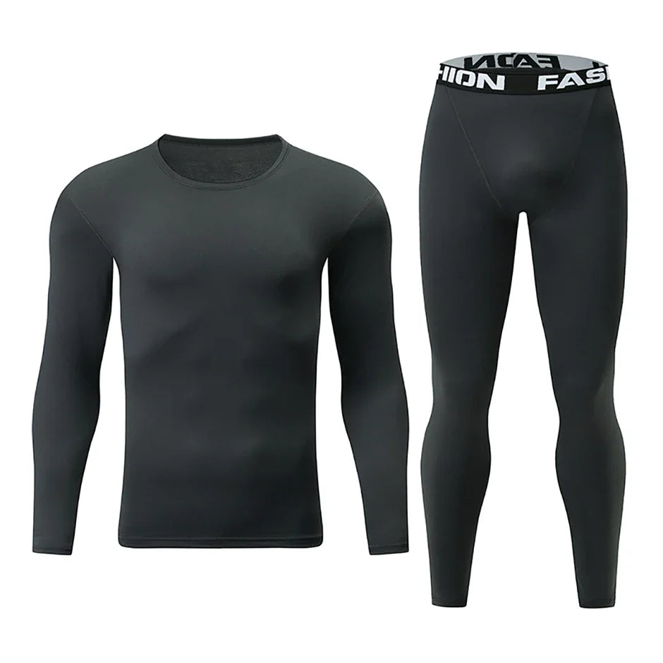 Black thermal top and leggings shown side by side, the leggings with a wide printed elastic waistband