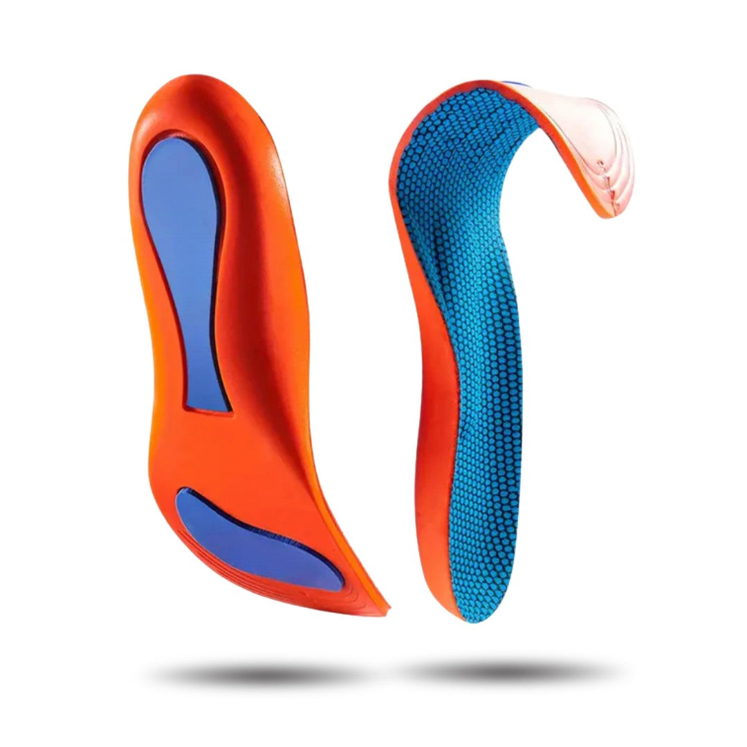 Orange and blue arch-support insoles, underside and top face