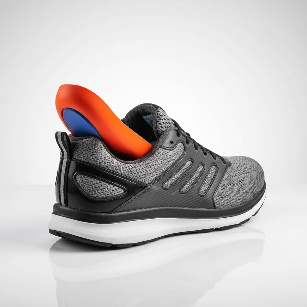 Arch-support insole sliding into a grey trainer