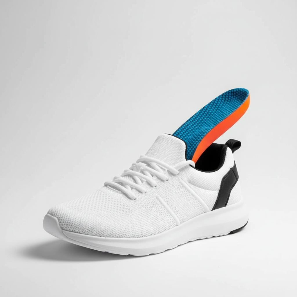 Blue-topped arch-support insole in a white trainer