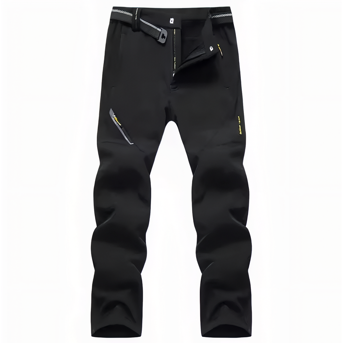 Black men's fleece-lined softshell hiking trousers with a webbing belt and zipped pockets, front view