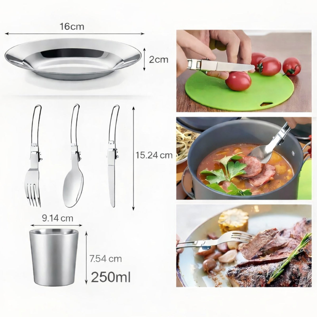 Steel plate 16 cm across, folding fork, spoon and knife 15.24 cm long and a 250 ml cup, with food served in the set
