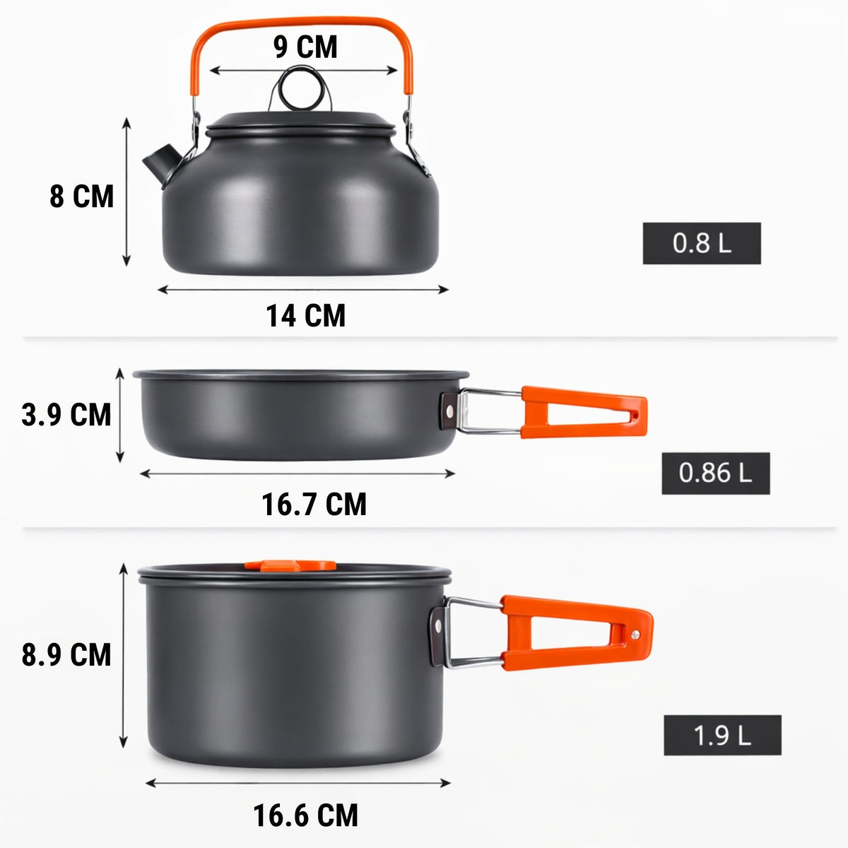 Kettle 14 by 8 cm, 0.8 L; frying pan 16.7 by 3.9 cm, 0.86 L; pot 16.6 by 8.9 cm, 1.9 L