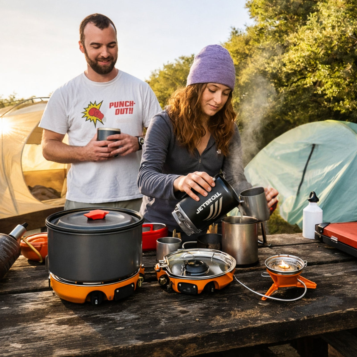 Two campers cooking at a camp table with the pot and kettle on camping stoves