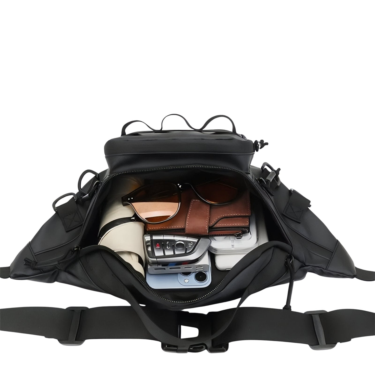 Black hip pack open from above, holding a wallet, sunglasses, keys and a phone