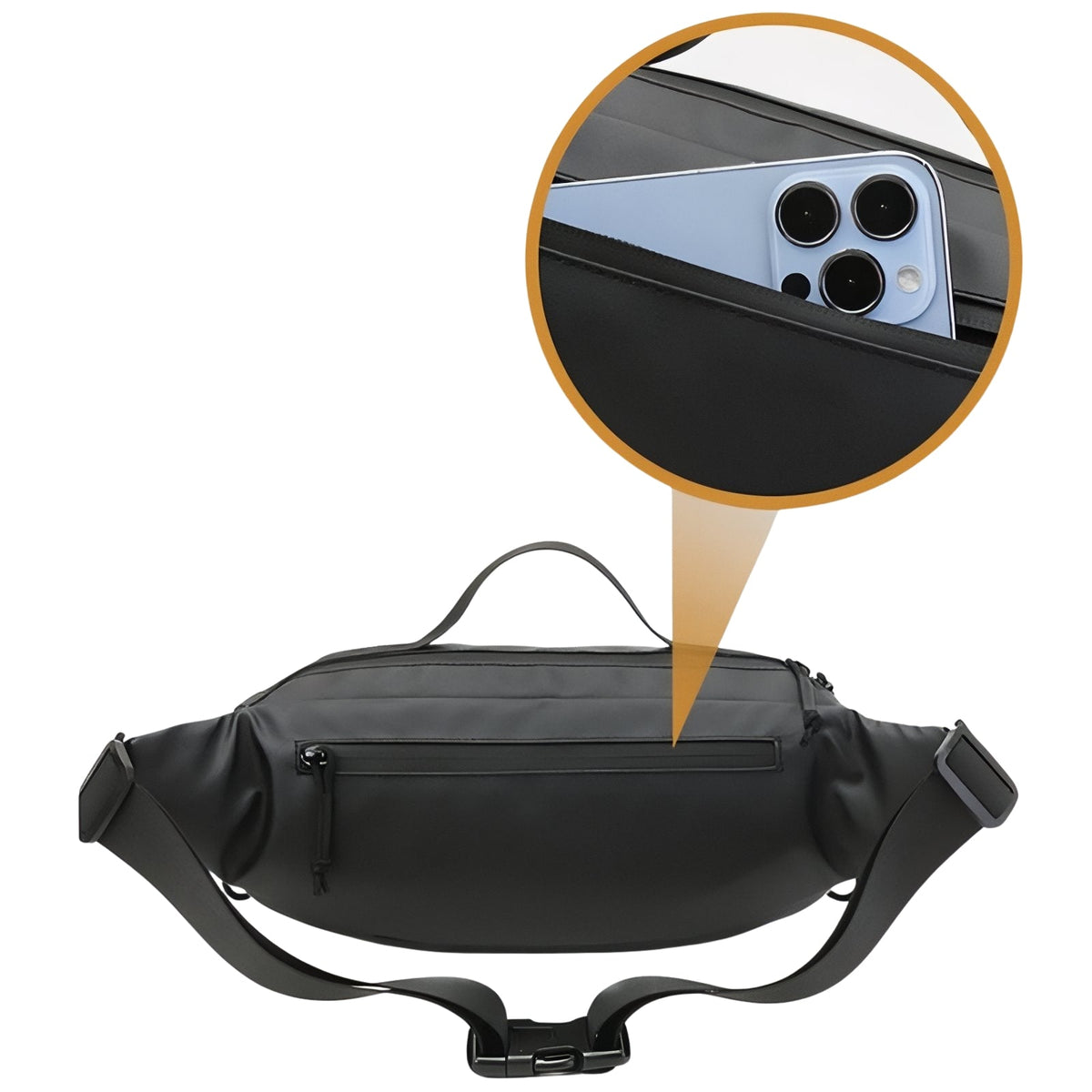 Back of a black hip pack with an inset of a phone in its flat zip pocket