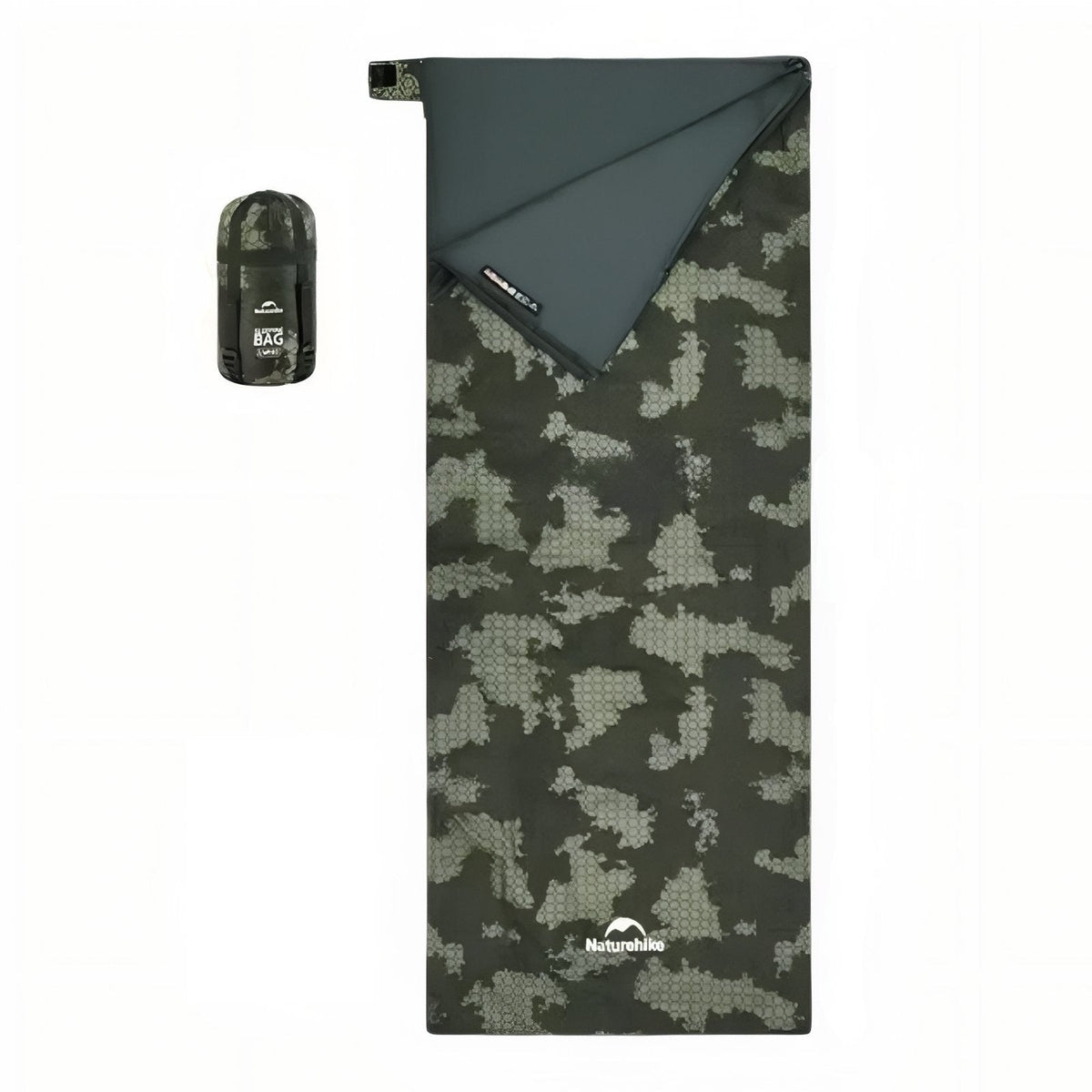 Green camouflage-print envelope sleeping bag with a grey lining folded back, beside its packed compression sack