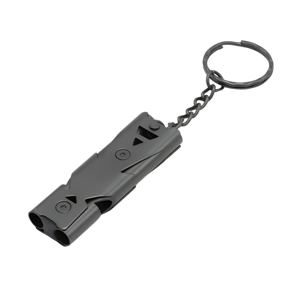 Matt black double-tube metal whistle on a short chain and split ring