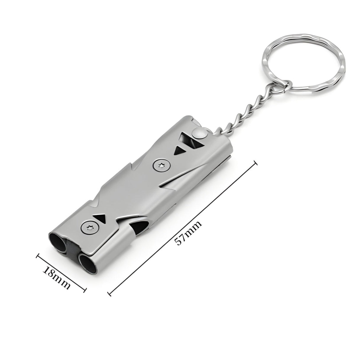Silver grey whistle marked 57 mm long and 18 mm wide
