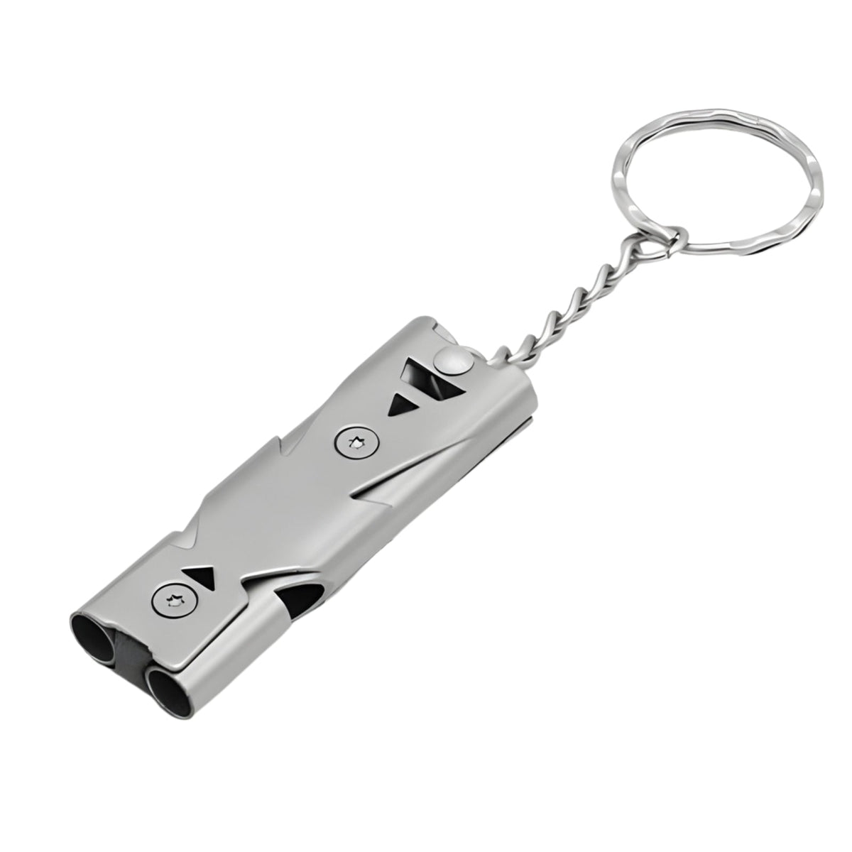 Silver grey double-tube metal whistle on a short chain and split ring