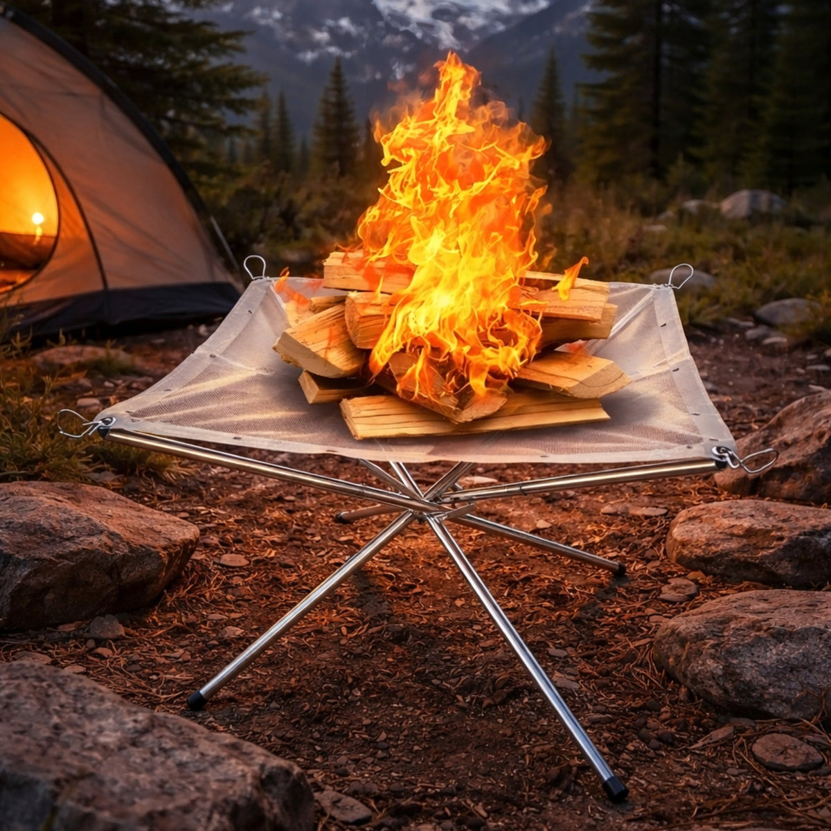 Fire pit with a wood fire at a campsite beside a tent