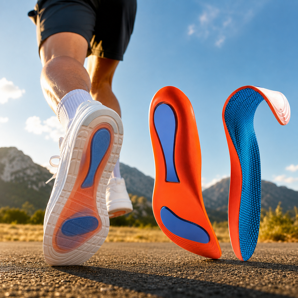 Runner on a mountain road beside the orange and blue insoles