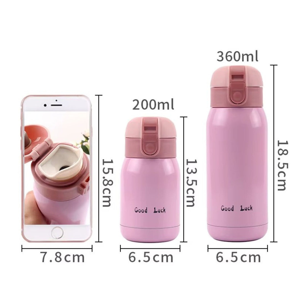 Size drawing: the 200 ml bottle 6.5 x 13.5 cm and the 360 ml bottle 6.5 x 18.5 cm beside a phone