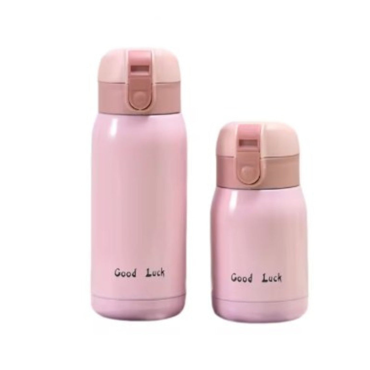 Pink insulated bottles in 360 ml and 200 ml side by side, printed with the words Good Luck