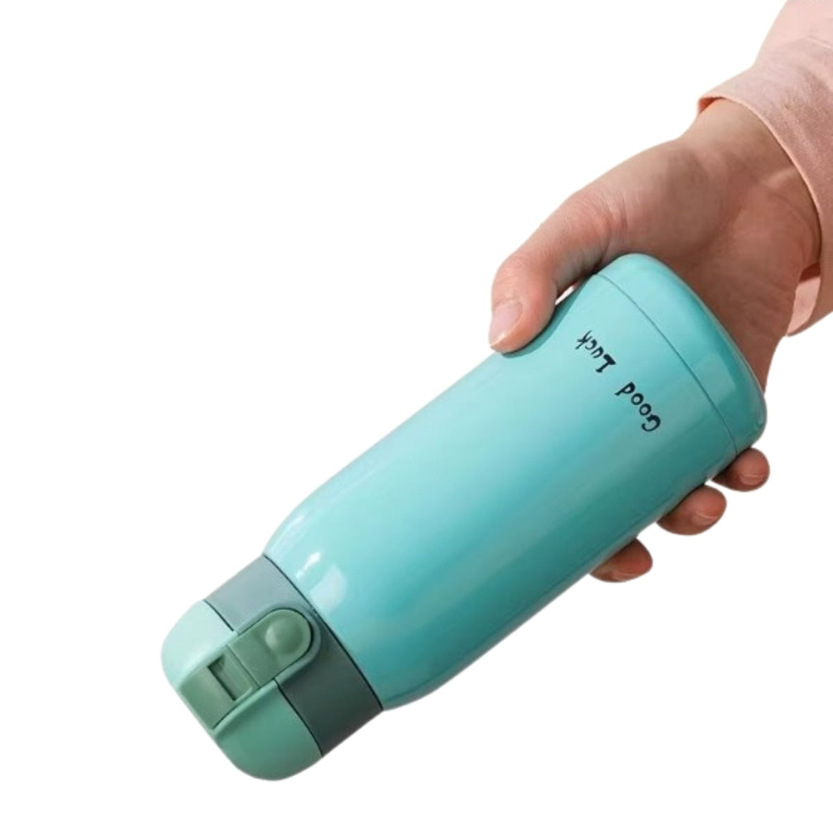 Hand holding the turquoise insulated bottle on its side