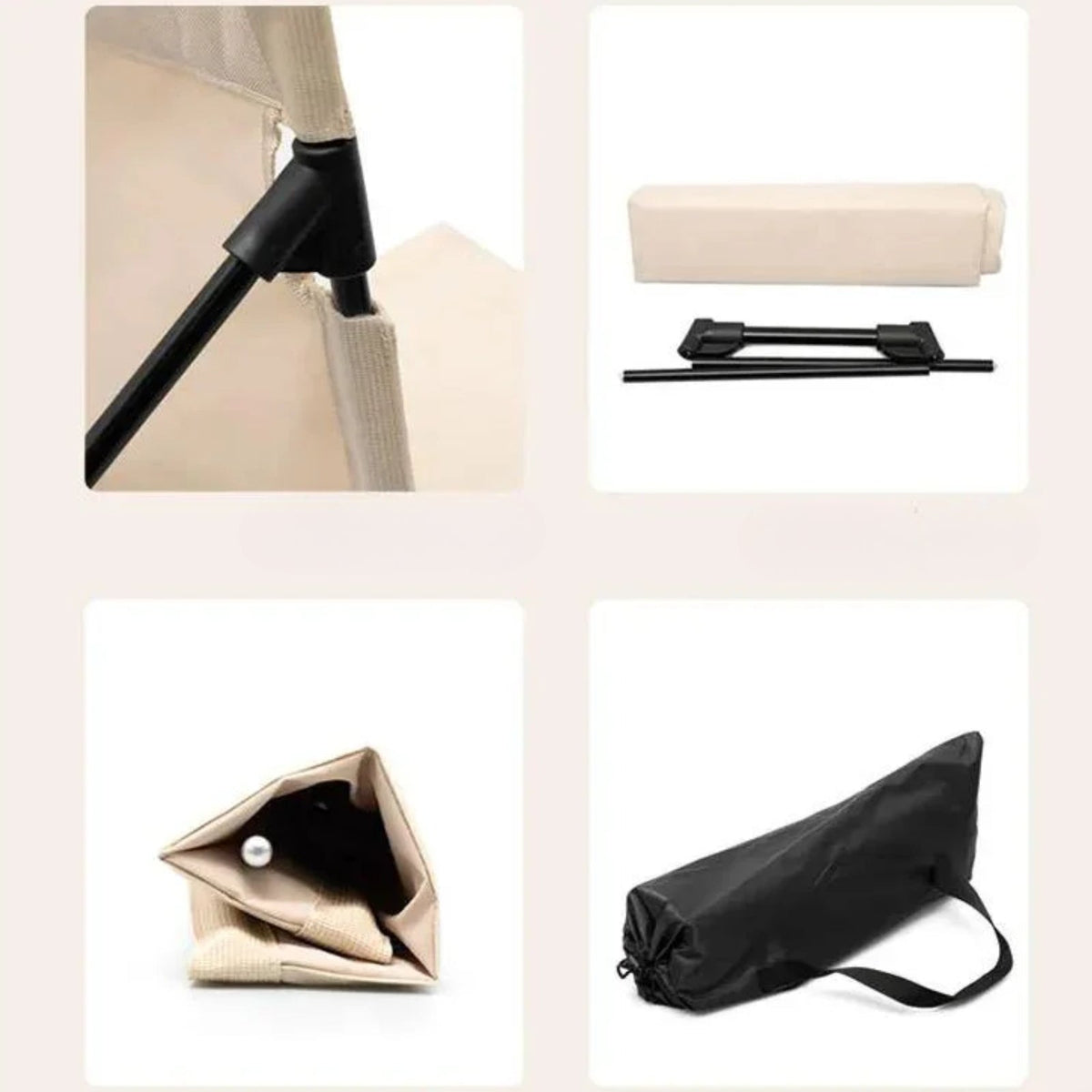 Close-ups of the ground chair's side frame, the folded chair, the frame and the storage bag