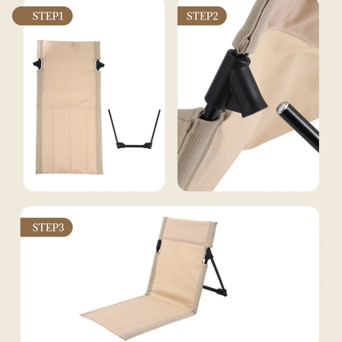 Three steps to set up the ground chair: unfold it, open the side frame, stand it up
