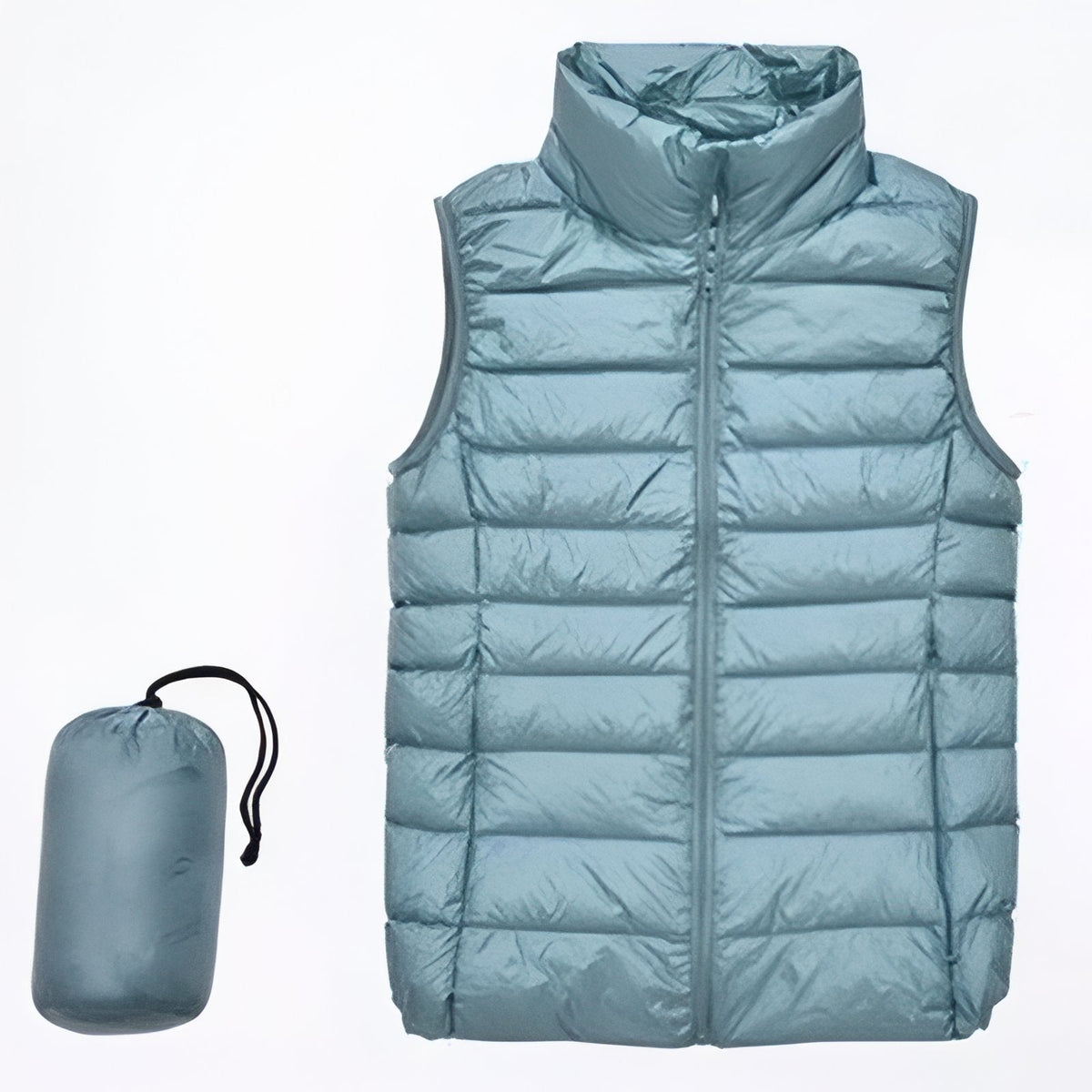 Pale blue quilted vest beside its small drawstring bag