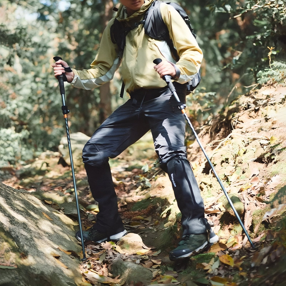 Walker using a pair of the folding trekking poles on a rocky forest path