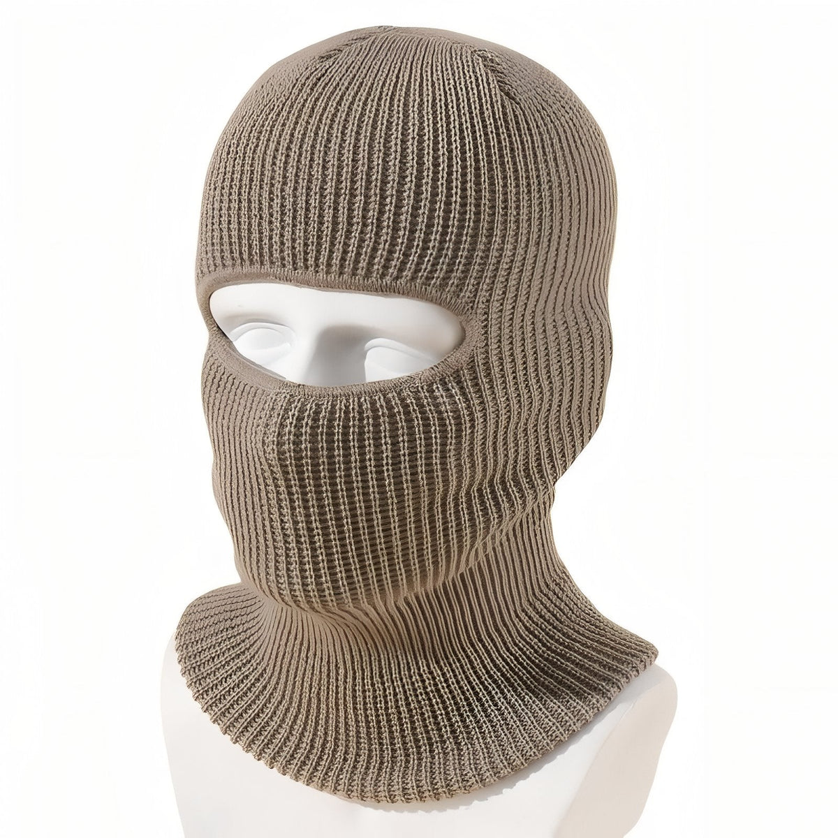Taupe rib-knit winter balaclava on a white mannequin head