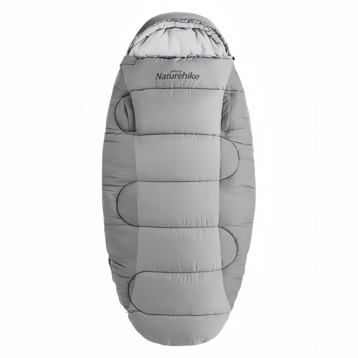 A light grey oval sleeping bag with a hood, seen from above on a white background, quilted in wide horizontal panels