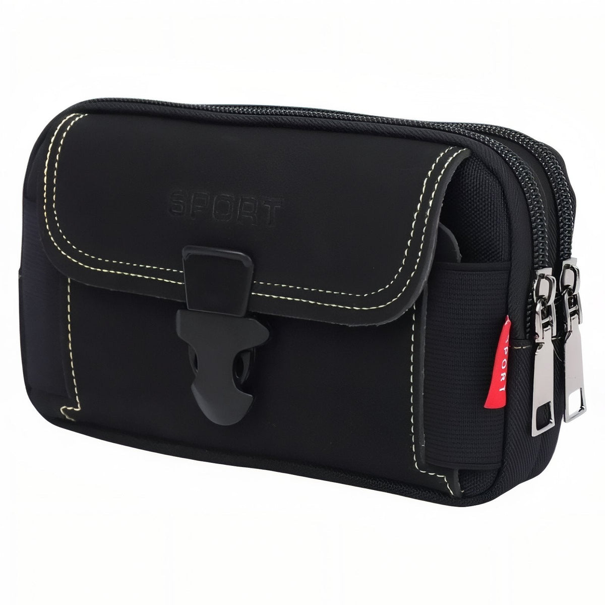 Black horizontal belt pouch with a clip-buckle flap and two zips