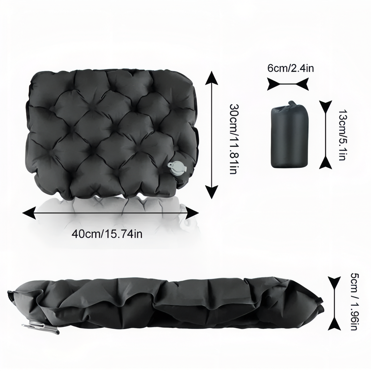 The cushion with its sizes marked: 40 x 30 cm, 5 cm thick, and its 13 x 6 cm pouch