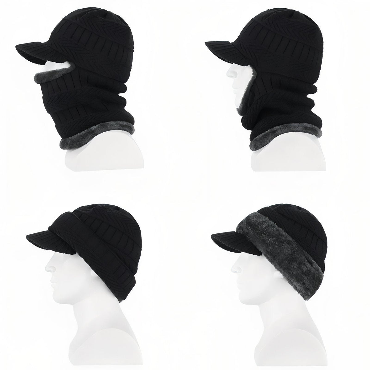Black knitted balaclava on mannequin heads from four sides, face panel up and folded down