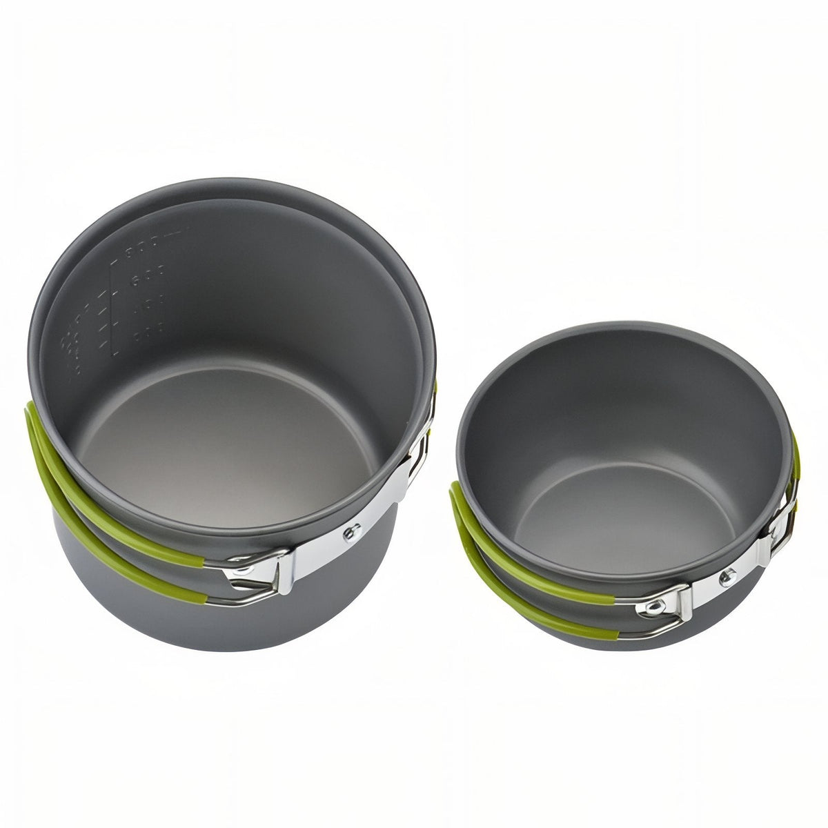 Inside view of the tall and shallow grey pots with their green handles folded