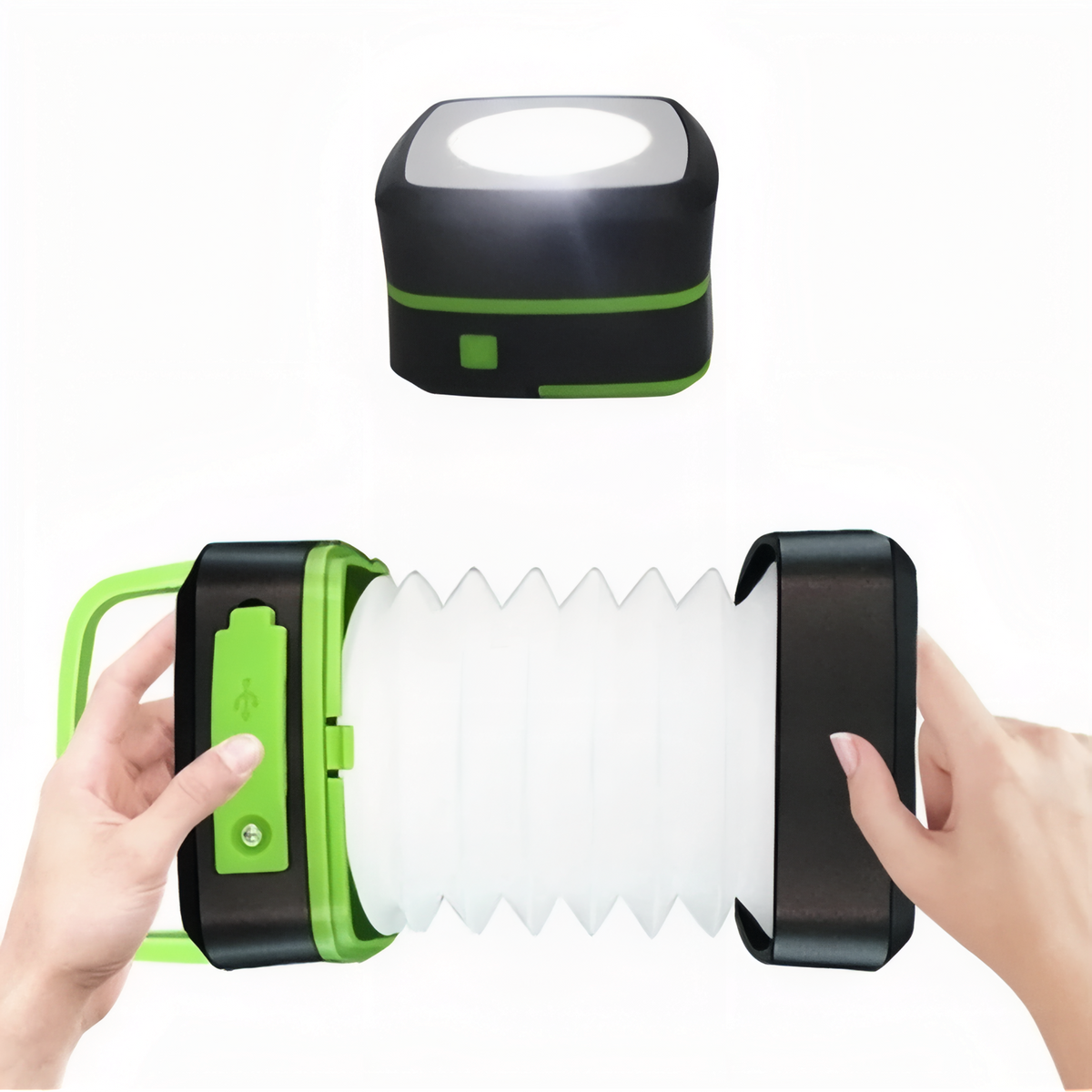 Hands pulling the green and black lantern open from its folded shape