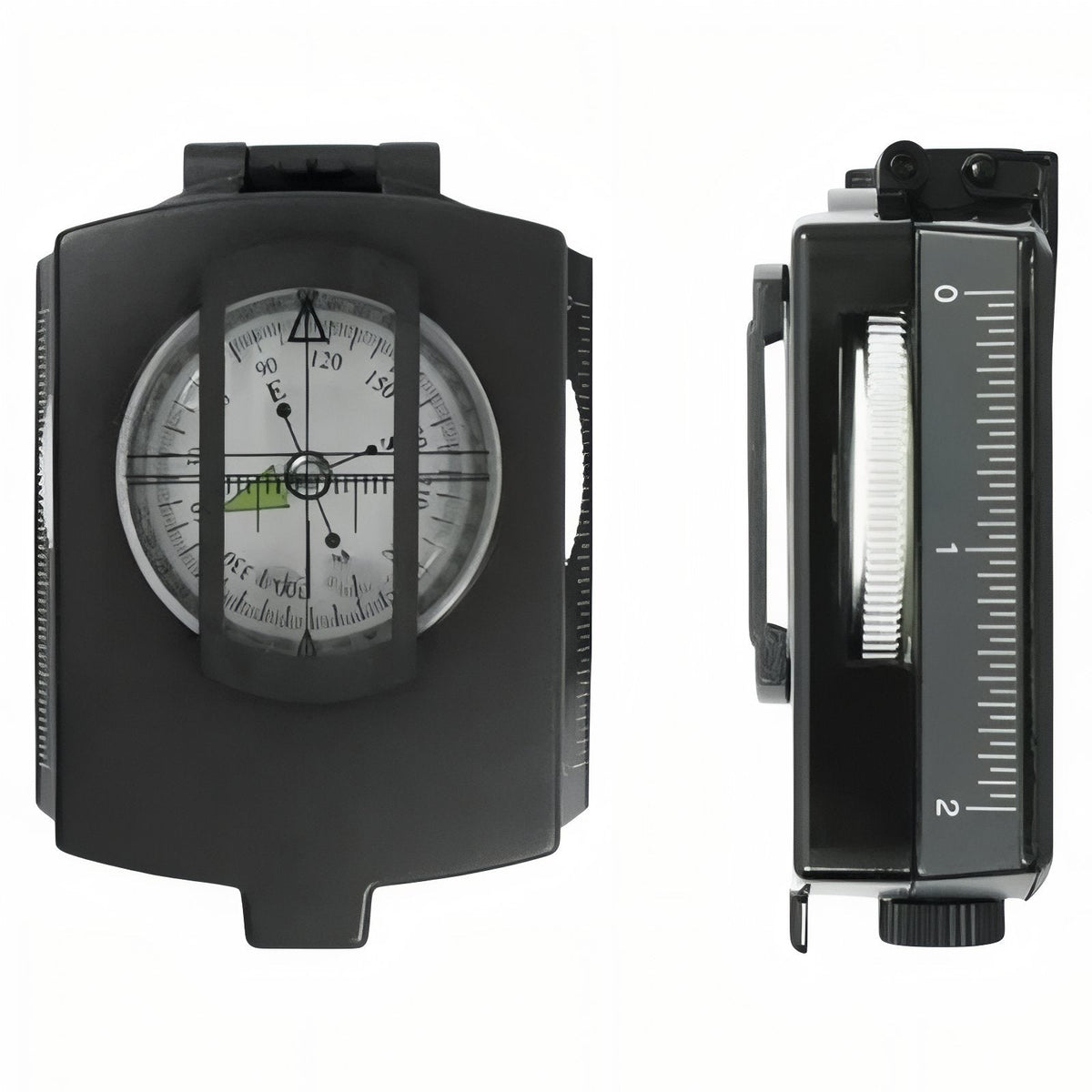 Black lensatic sighting compass, closed, shown from the front and from the side with its degree scale