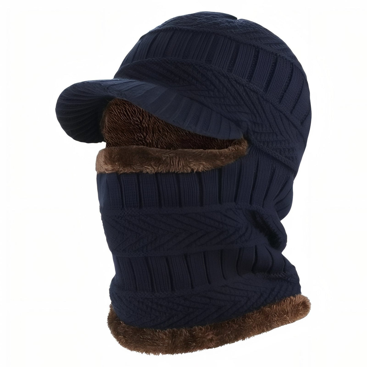 Navy blue knitted balaclava with a short brim and brown plush lining, front three-quarter view