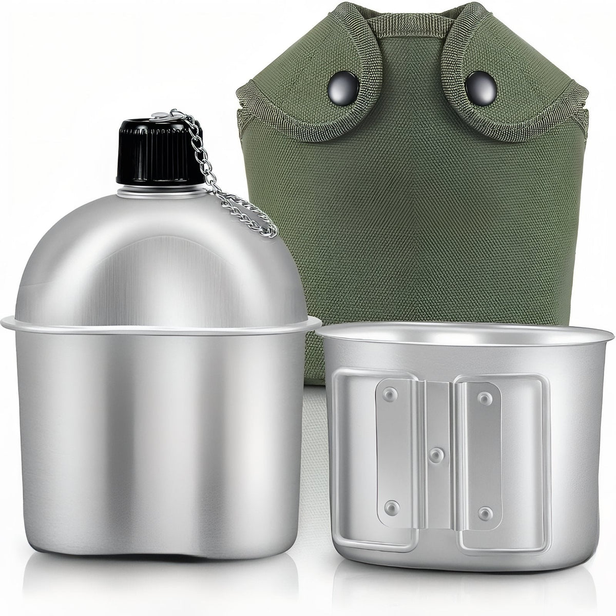 Aluminium canteen with a chained black cap, its cup and olive-green cover on a white background