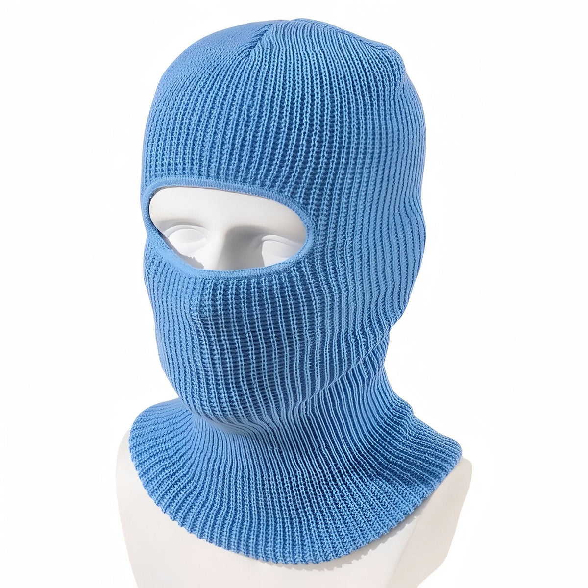 Sky blue rib-knit winter balaclava on a white mannequin head