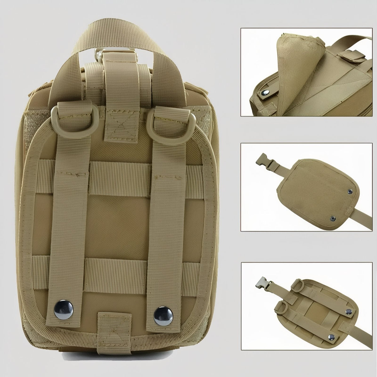 Back of the khaki first aid pouch with its strap and buckle, and small views of the attachment