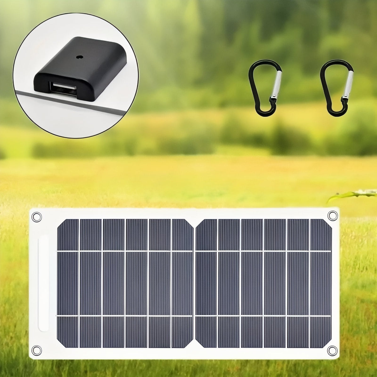 The solar panel with close-ups of its USB output box and the two carabiners