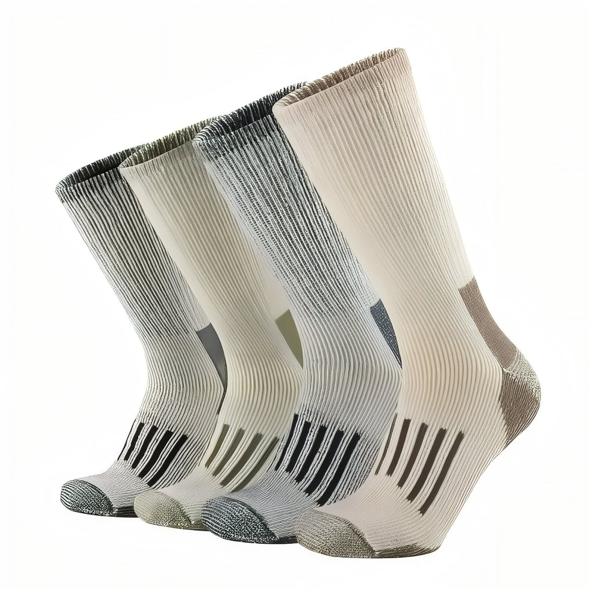 Four merino wool hiking socks side by side in light grey and black, beige and olive, black and dark grey, and light beige and brown