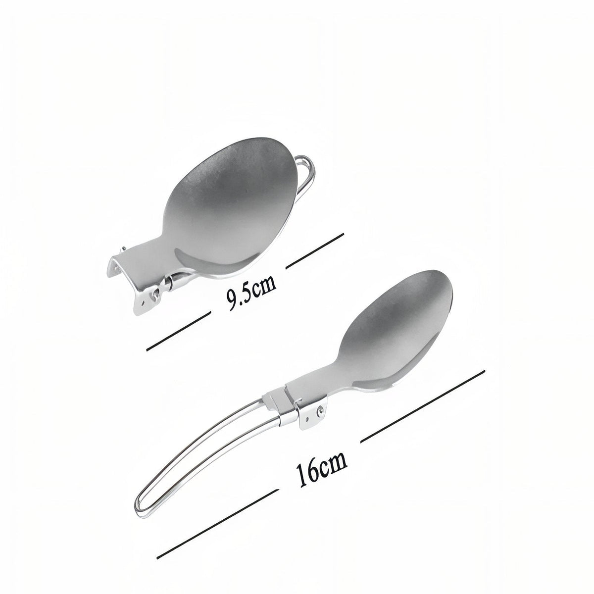 The folding spoon folded to 9.5 cm and open to 16 cm