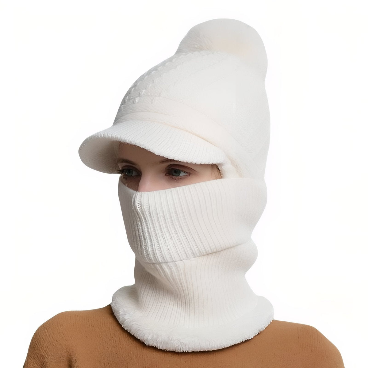 White brim beanie with a white pompom and the neck warmer pulled up over the face