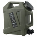 Olive green 12 L camping water container with a black screw cap and a tap near the base